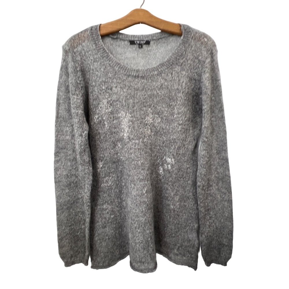 Twins Long Sleeve Pullover Sweater Womens L Gray Knit Wool Mohair Blend Metallic